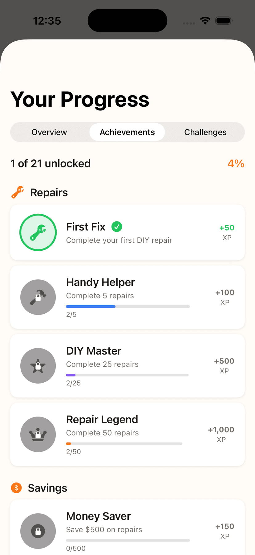 HomeFixAI achievements and gamification progress tracking with XP rewards