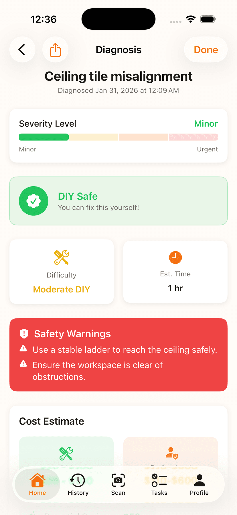HomeFixAI AI diagnosis for minor ceiling tile repair with DIY safe indicator