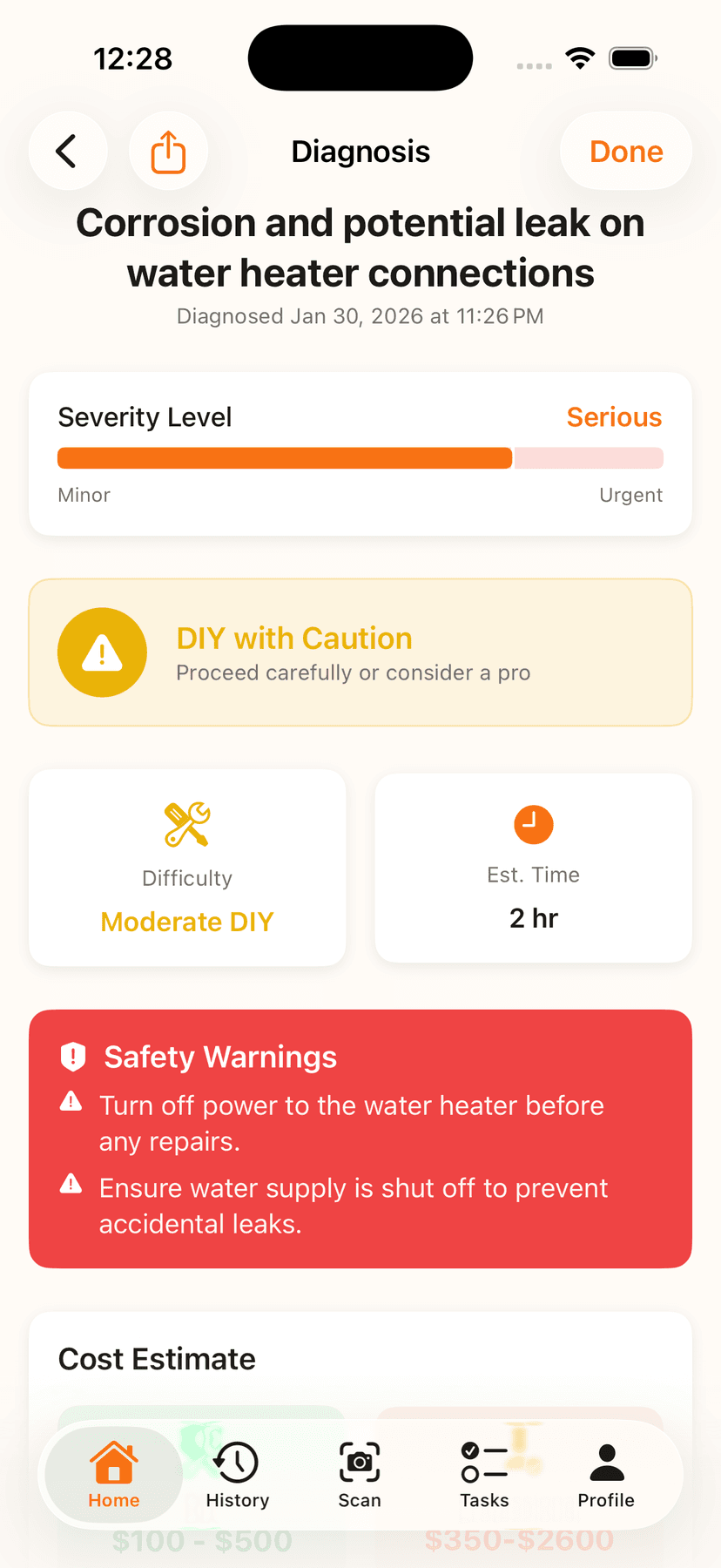 HomeFixAI AI diagnosis showing water heater repair with severity level and safety warnings