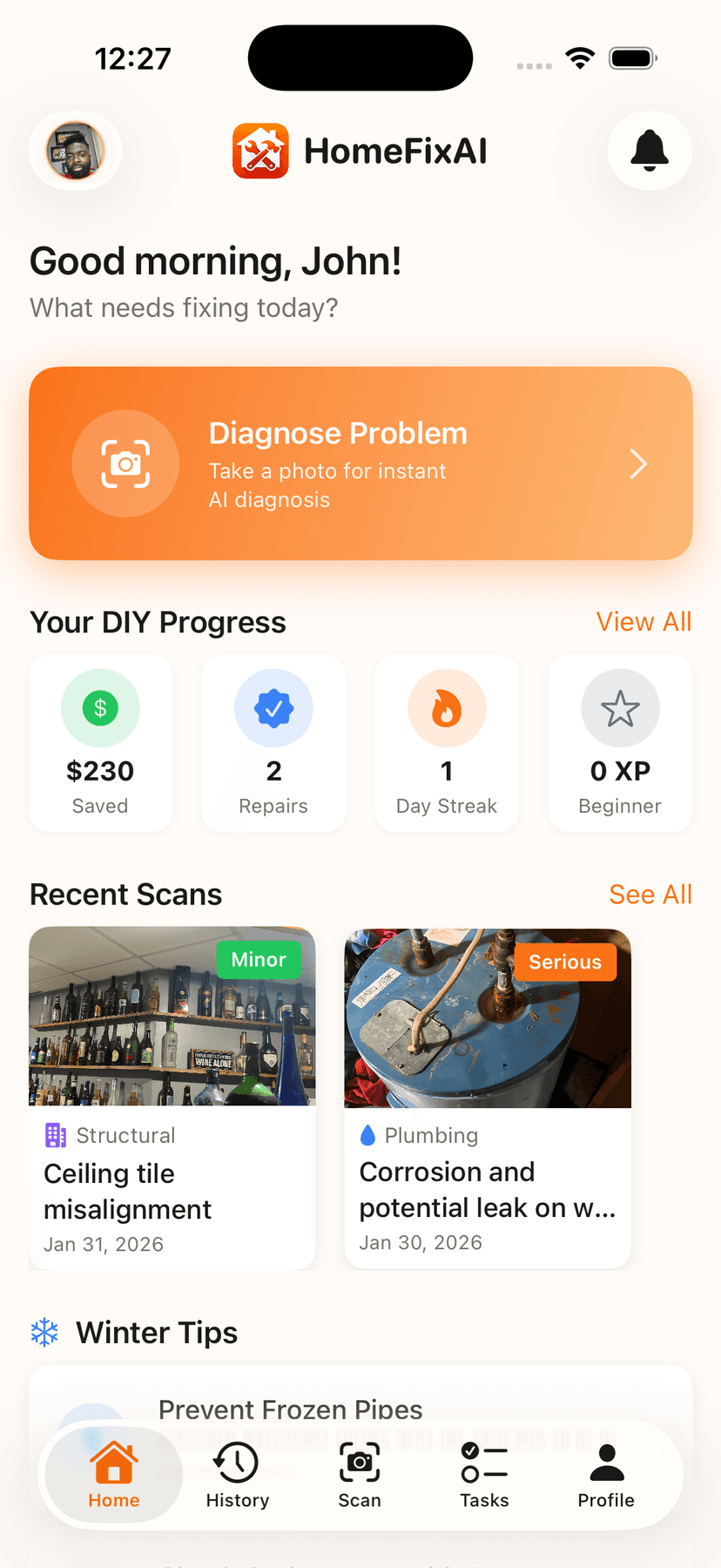 HomeFixAI app home dashboard showing AI-powered home repair diagnosis