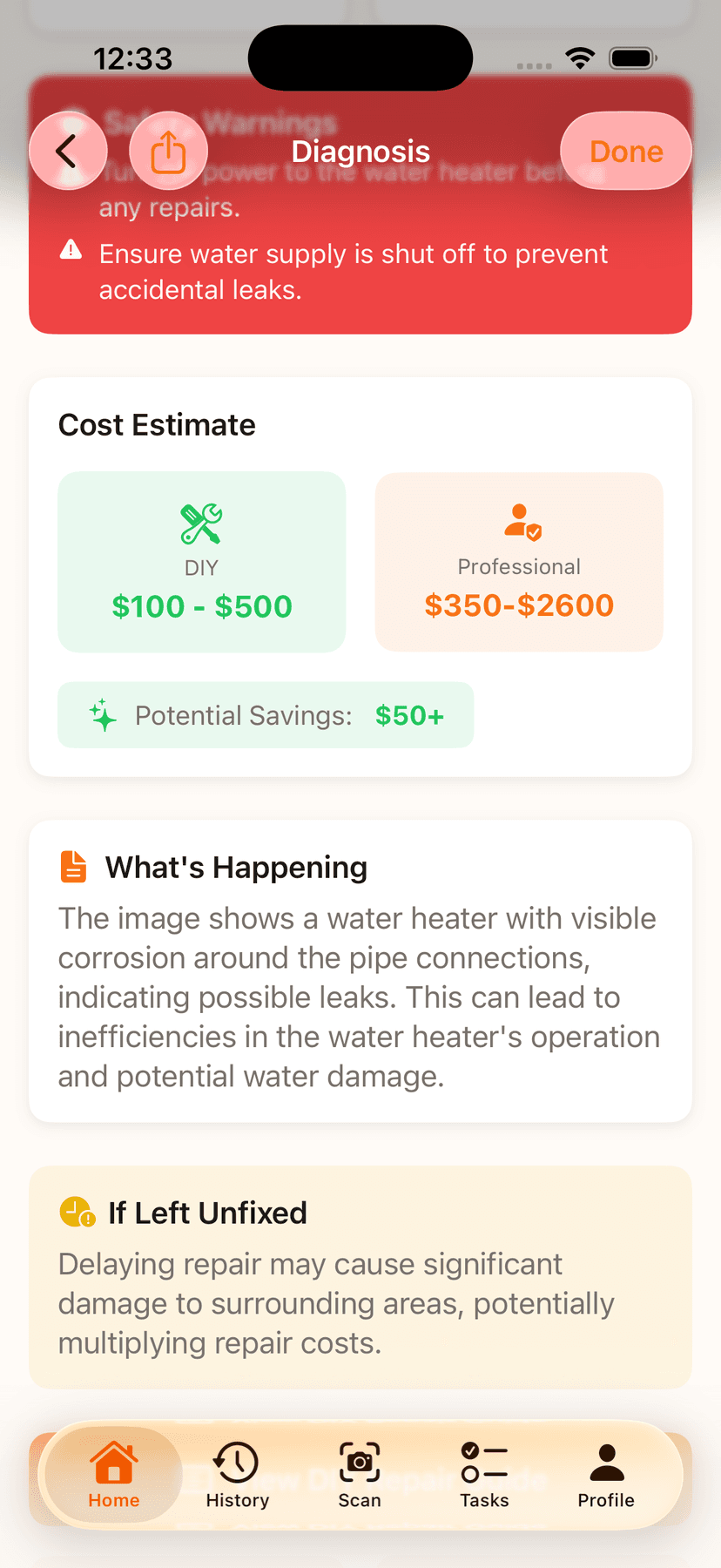 HomeFixAI cost estimate comparing DIY vs professional repair costs