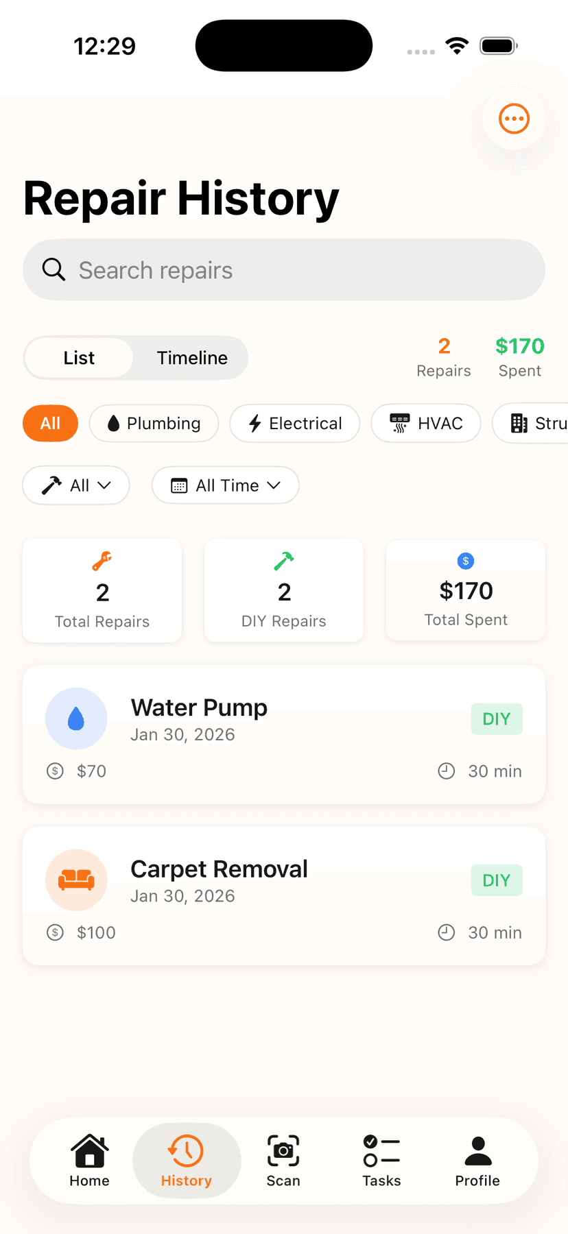 HomeFixAI repair history tracking with filter options and spending overview